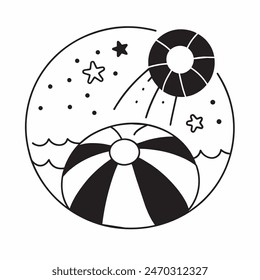 A black and white drawing of a beach ball with stars in the background. The ball is the main focus of the image, and the stars add a sense of whimsy and playfulness to the scene