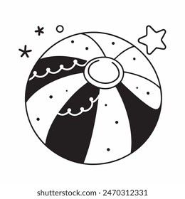 A black and white drawing of a beach ball with stars in the background. The ball is the main focus of the image, and the stars add a sense of whimsy and playfulness to the scene