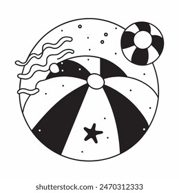 A black and white drawing of a beach ball with stars in the background. The ball is the main focus of the image, and the stars add a sense of whimsy and playfulness to the scene