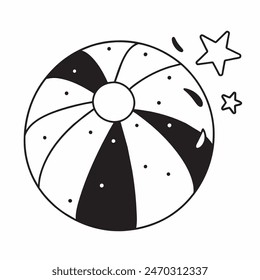 Dibujo en blanco y negro de una pelota de playa con estrellas en el fondo. La bola es el foco principal de la Imagen, y las estrellas añaden una sensación de capricho y alegría a la escena