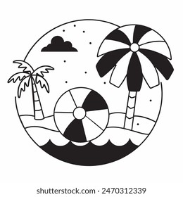 A black and white drawing of a beach ball with stars in the background. The ball is the main focus of the image, and the stars add a sense of whimsy and playfulness to the scene