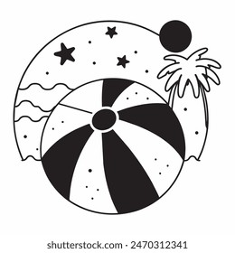 A black and white drawing of a beach ball with stars in the background. The ball is the main focus of the image, and the stars add a sense of whimsy and playfulness to the scene