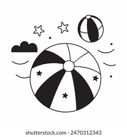 A black and white drawing of a beach ball with stars in the background. The ball is the main focus of the image, and the stars add a sense of whimsy and playfulness to the scene