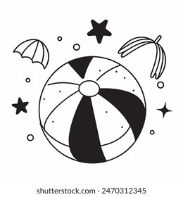 A black and white drawing of a beach ball with stars in the background. The ball is the main focus of the image, and the stars add a sense of whimsy and playfulness to the scene