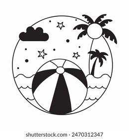 A black and white drawing of a beach ball with stars in the background. The ball is the main focus of the image, and the stars add a sense of whimsy and playfulness to the scene