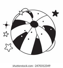 A black and white drawing of a beach ball with stars in the background. The ball is the main focus of the image, and the stars add a sense of whimsy and playfulness to the scene