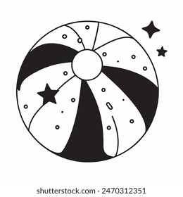 Dibujo en blanco y negro de una pelota de playa con estrellas en el fondo. La bola es el foco principal de la Imagen, y las estrellas añaden una sensación de capricho y alegría a la escena