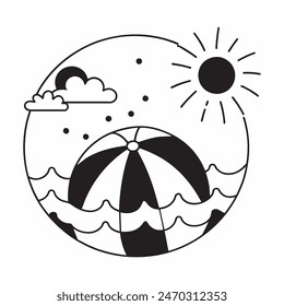 A black and white drawing of a beach ball with stars in the background. The ball is the main focus of the image, and the stars add a sense of whimsy and playfulness to the scene