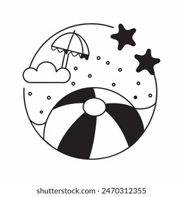 A black and white drawing of a beach ball with stars in the background. The ball is the main focus of the image, and the stars add a sense of whimsy and playfulness to the scene