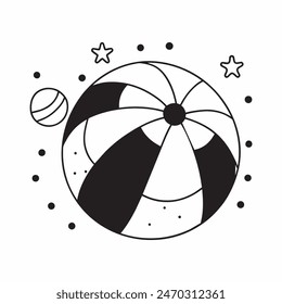 Dibujo en blanco y negro de una pelota de playa con estrellas en el fondo. La bola es el foco principal de la Imagen, y las estrellas añaden una sensación de capricho y alegría a la escena