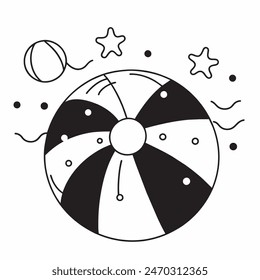 Dibujo en blanco y negro de una pelota de playa con estrellas en el fondo. La bola es el foco principal de la Imagen, y las estrellas añaden una sensación de capricho y alegría a la escena