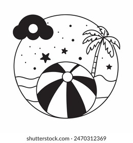 A black and white drawing of a beach ball with stars in the background. The ball is the main focus of the image, and the stars add a sense of whimsy and playfulness to the scene