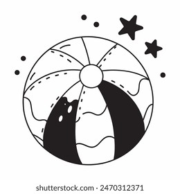 A black and white drawing of a beach ball with stars in the background. The ball is the main focus of the image, and the stars add a sense of whimsy and playfulness to the scene