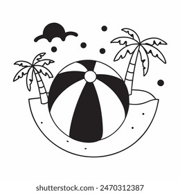 A black and white drawing of a beach ball with stars in the background. The ball is the main focus of the image, and the stars add a sense of whimsy and playfulness to the scene