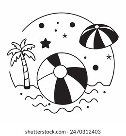 A black and white drawing of a beach ball with stars in the background. The ball is the main focus of the image, and the stars add a sense of whimsy and playfulness to the scene