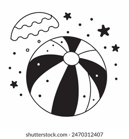 Dibujo en blanco y negro de una pelota de playa con estrellas en el fondo. La bola es el foco principal de la Imagen, y las estrellas añaden una sensación de capricho y alegría a la escena