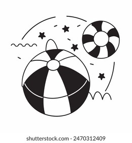 A black and white drawing of a beach ball with stars in the background. The ball is the main focus of the image, and the stars add a sense of whimsy and playfulness to the scene