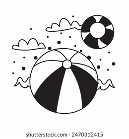 A black and white drawing of a beach ball with stars in the background. The ball is the main focus of the image, and the stars add a sense of whimsy and playfulness to the scene