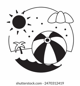 A black and white drawing of a beach ball with stars in the background. The ball is the main focus of the image, and the stars add a sense of whimsy and playfulness to the scene