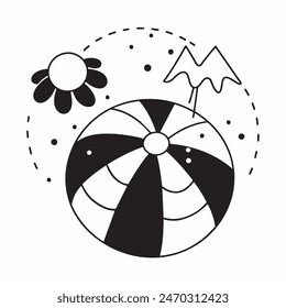 A black and white drawing of a beach ball with stars in the background. The ball is the main focus of the image, and the stars add a sense of whimsy and playfulness to the scene