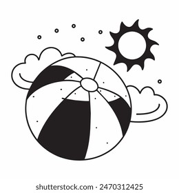 A black and white drawing of a beach ball with stars in the background. The ball is the main focus of the image, and the stars add a sense of whimsy and playfulness to the scene