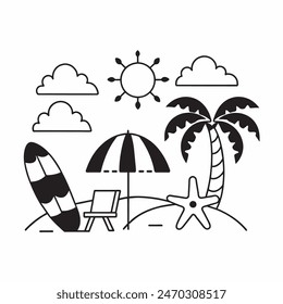 A black and white drawing of a beach scene with a surfboard, a chair, an umbrella, and a palm tree