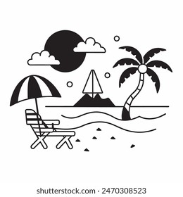 A black and white drawing of a beach scene with a surfboard, a chair, an umbrella, and a palm tree