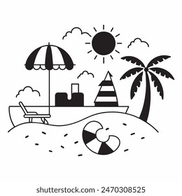 A black and white drawing of a beach scene with a surfboard, a chair, an umbrella, and a palm tree