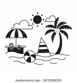 A black and white drawing of a beach scene with a surfboard, a chair, an umbrella, and a palm tree