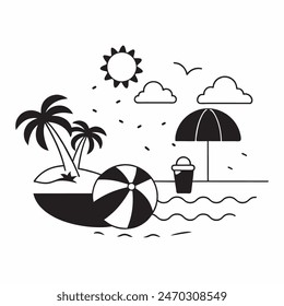 A black and white drawing of a beach scene with a surfboard, a chair, an umbrella, and a palm tree