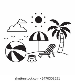 A black and white drawing of a beach scene with a surfboard, a chair, an umbrella, and a palm tree