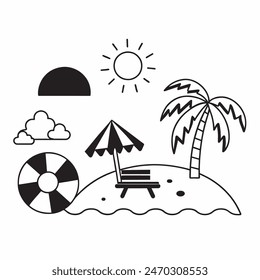 A black and white drawing of a beach scene with a surfboard, a chair, an umbrella, and a palm tree