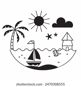 Dibujo en blanco y negro de una escena de playa con una tabla de surf, una silla, una sombrilla y una palmera