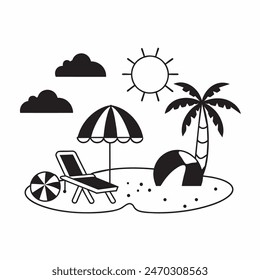 A black and white drawing of a beach scene with a surfboard, a chair, an umbrella, and a palm tree