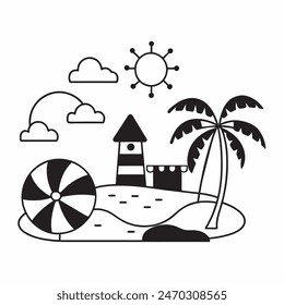 A black and white drawing of a beach scene with a surfboard, a chair, an umbrella, and a palm tree