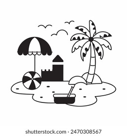 A black and white drawing of a beach scene with a surfboard, a chair, an umbrella, and a palm tree