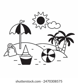 A black and white drawing of a beach scene with a surfboard, a chair, an umbrella, and a palm tree