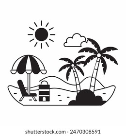 A black and white drawing of a beach scene with a surfboard, a chair, an umbrella, and a palm tree