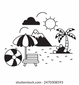 A black and white drawing of a beach scene with a surfboard, a chair, an umbrella, and a palm tree