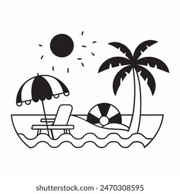 A black and white drawing of a beach scene with a surfboard, a chair, an umbrella, and a palm tree