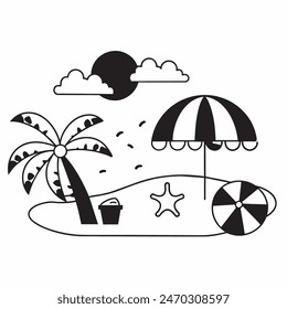 Dibujo en blanco y negro de una escena de playa con una tabla de surf, una silla, una sombrilla y una palmera