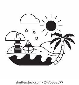 A black and white drawing of a beach scene with a surfboard, a chair, an umbrella, and a palm tree