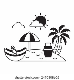 A black and white drawing of a beach scene with a surfboard, a chair, an umbrella, and a palm tree