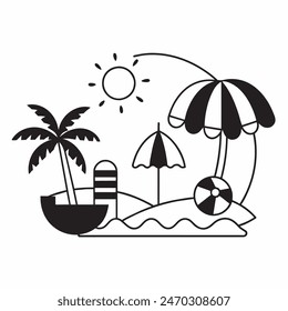 A black and white drawing of a beach scene with a surfboard, a chair, an umbrella, and a palm tree