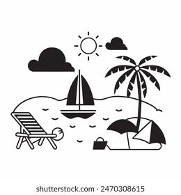 A black and white drawing of a beach scene with a surfboard, a chair, an umbrella, and a palm tree