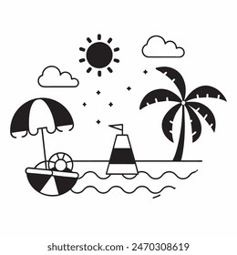 Dibujo en blanco y negro de una escena de playa con una tabla de surf, una silla, una sombrilla y una palmera