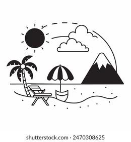Dibujo en blanco y negro de una escena de playa con una tabla de surf, una silla, una sombrilla y una palmera