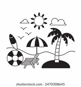 A black and white drawing of a beach scene with a surfboard, a chair, an umbrella, and a palm tree