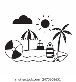 Dibujo en blanco y negro de una escena de playa con una tabla de surf, una silla, una sombrilla y una palmera