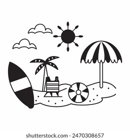 A black and white drawing of a beach scene with a surfboard, a chair, an umbrella, and a palm tree